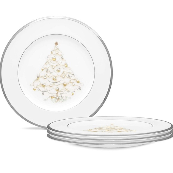 Set of 4 $280 Noritake Bone China Palace Christmas Platinum 4781 salad plates - Picture 2 of 10